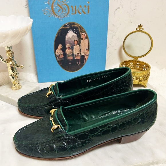 Authentic Gucci RARE 1970’s Vintage Dark Emerald Green Crocodile Leather Loafers - Picture 3 of 13